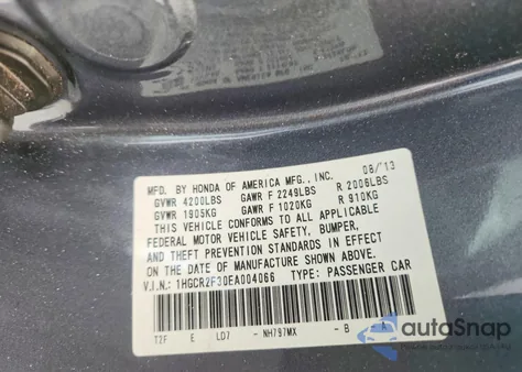 2014 Honda Accord Lx из США, поврежденный, VIN 1HGCR2F30EA004066